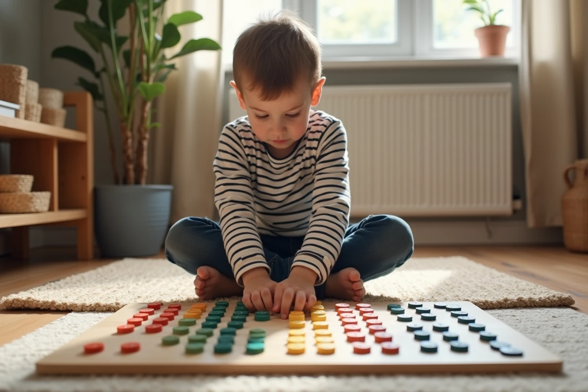 Enfant apprenant les multiplications avec un plateau Montessori en bois et perles colorées sur un tapis de sol à la maison