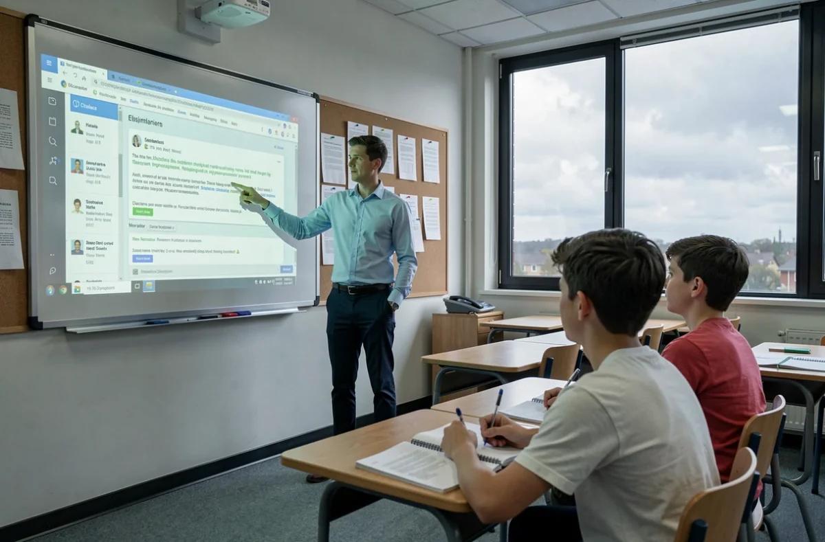 Enseignant présentant l'ENT à des élèves sur un tableau interactif en salle de classe