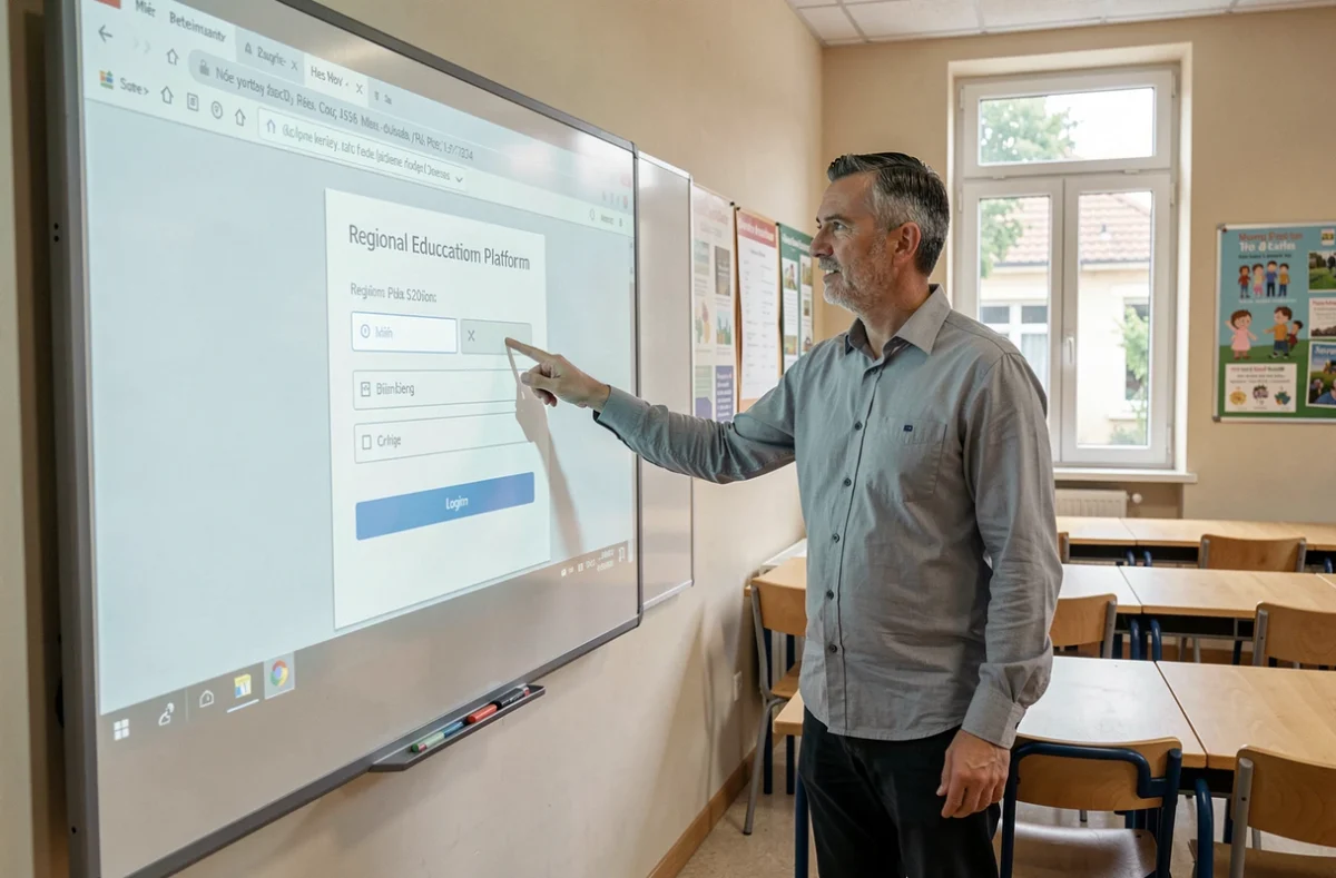 Un enseignant présente les étapes de connexion au portail edu Normandie sur un tableau interactif dans une salle de classe moderne
