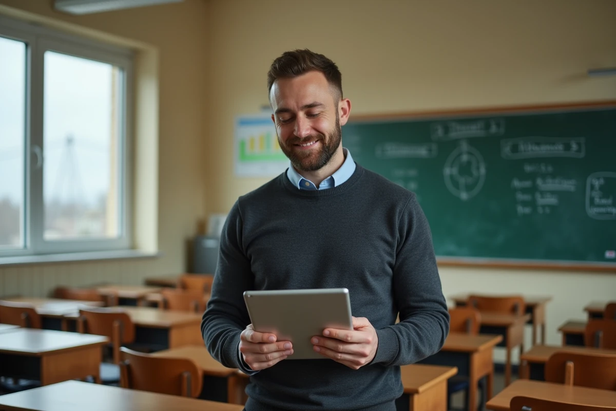 Enseignant consultant une application de suivi des absences sur tablette dans une salle de classe vide