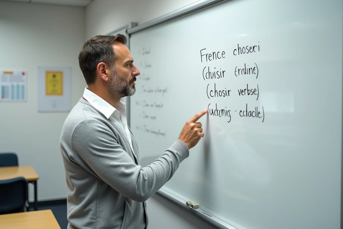 Professeur montrant des verbes français au tableau