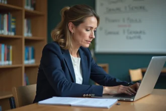 Enseignante consultant les paramètres de confidentialité de l'ENT Île-de-France sur un ordinateur portable dans une bibliothèque scolaire