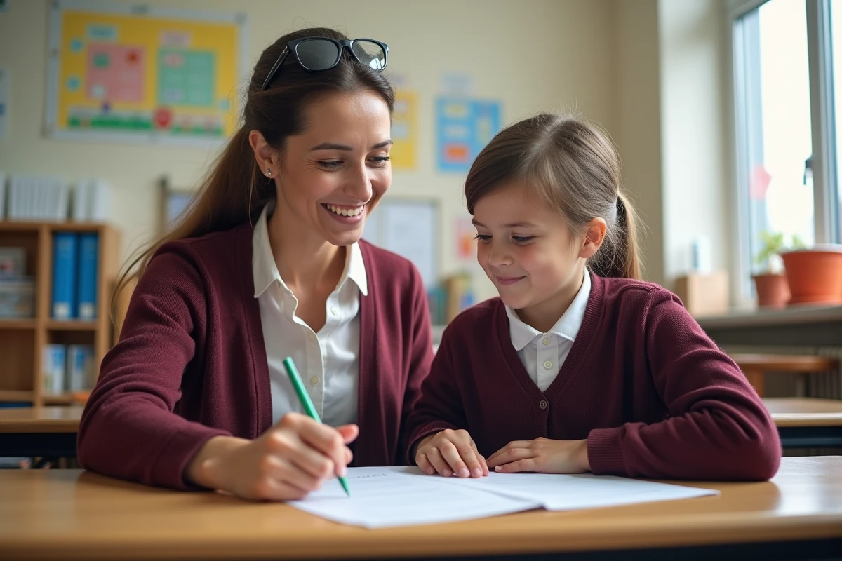 Enseignante accompagnant un élève en classe SEGPA, dans un cadre scolaire adapté et bienveillant