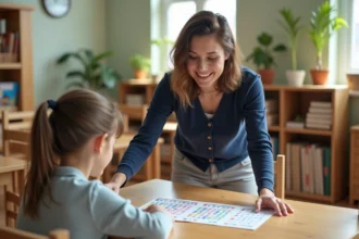 Enseignante Montessori guidant un élève avec une table de multiplication interactive colorée dans une salle de classe en bois