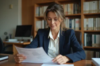 Enseignante consultant la liste des promus au concours Hors Classe 2026 dans un bureau scolaire