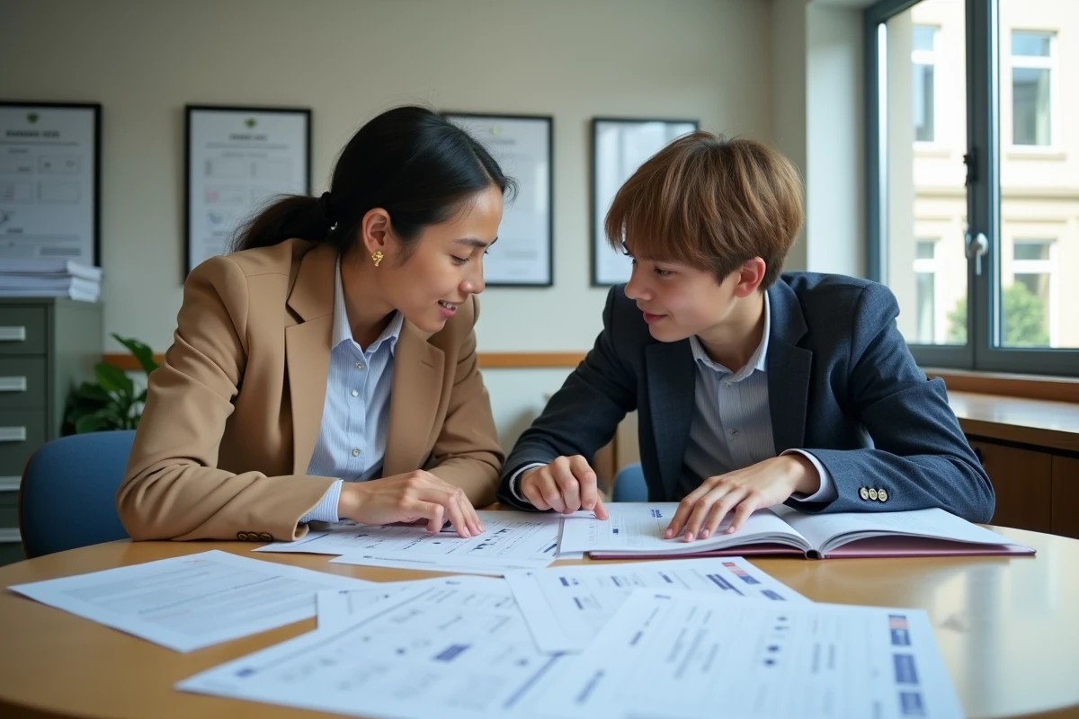 Deux jeunes enseignants comparant la grille indiciaire des salaires de professeurs débutants