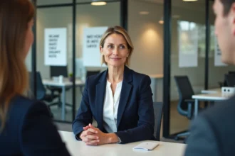 Femme en entretien de conseil professionnel dans une agence Pôle emploi Solerys, assise face à un conseiller dans un bureau moderne