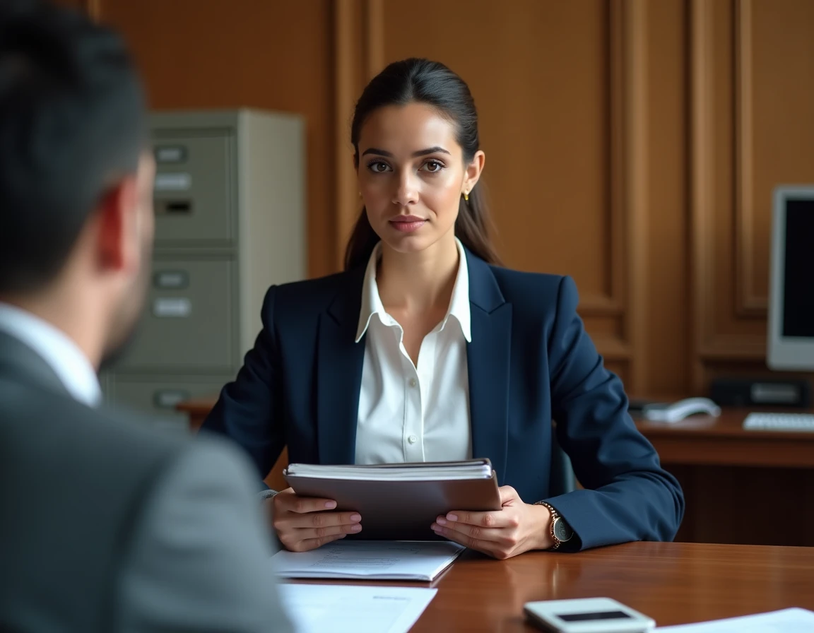 Une femme lors d'un entretien de naturalisation française en préfecture, assise face à un agent administratif dans un bureau officiel