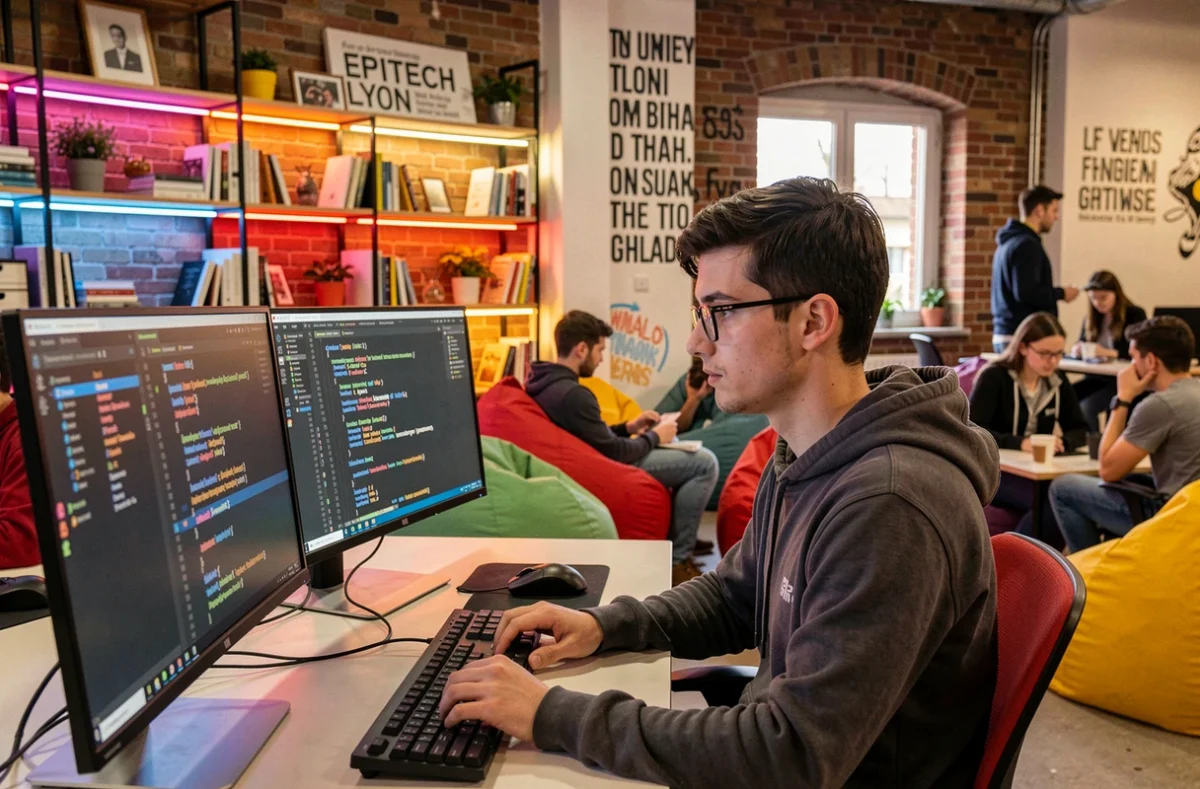 Étudiant en développement informatique codant dans l'open space moderne d'Epitech Lyon