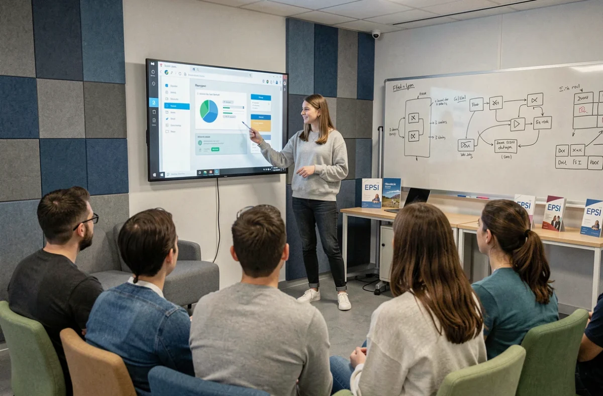 Étudiante présentant un projet web devant ses pairs dans une salle de cours à EPSI Lyon