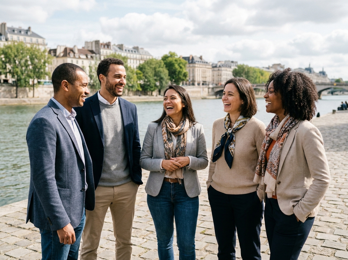 Cinq cadres souriants en promenade au bord de la rivière