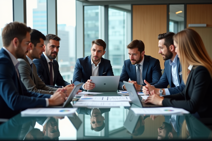 equipe-de-travail-entreprise Groupe de professionnels en réunion d'équipe en entreprise