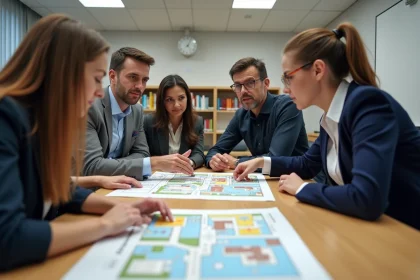 Groupe de personnel scolaire discutant d'un plan d evacuation