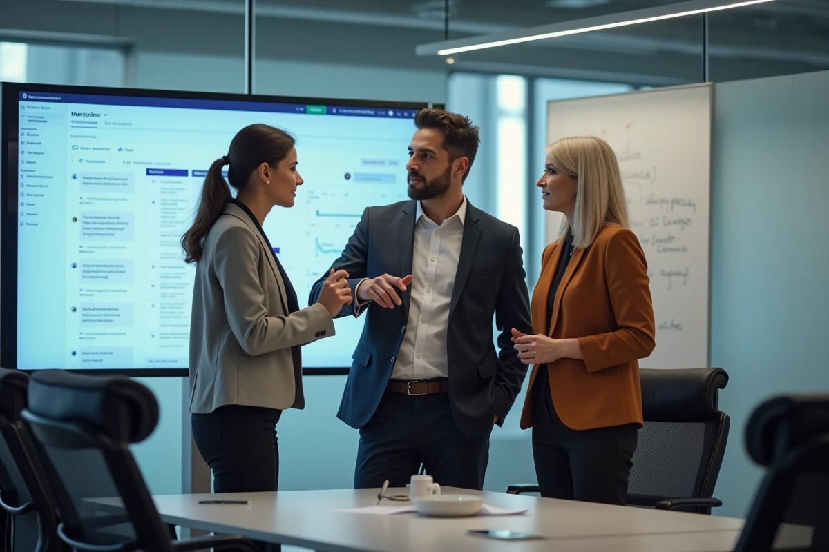 Équipe professionnelle en session de formation collective sur plateforme Moocfun en salle de réunion