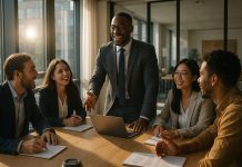 Groupe de professionnels en réunion dans un bureau moderne