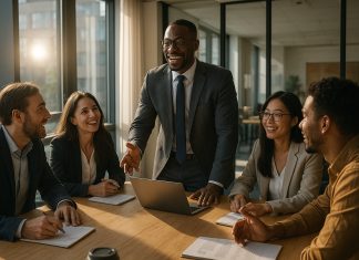 Leadership transformationnel : une réponse aux défis managériaux actuels Groupe de professionnels en réunion dans un bureau moderne