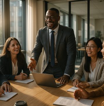 Leadership transformationnel : une réponse aux défis managériaux actuels Groupe de professionnels en réunion dans un bureau moderne