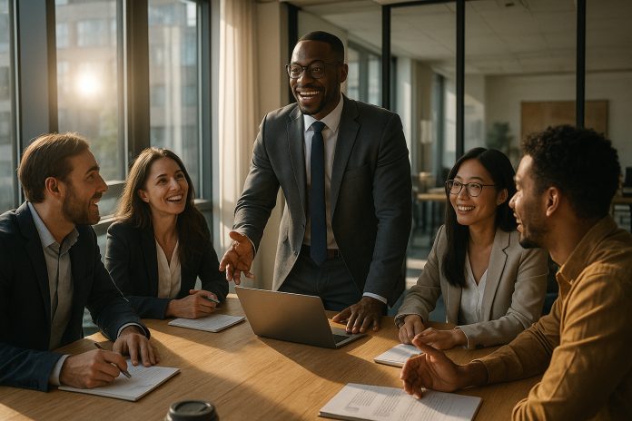 equipe-pros-discussion-bureau Groupe de professionnels en réunion dans un bureau moderne