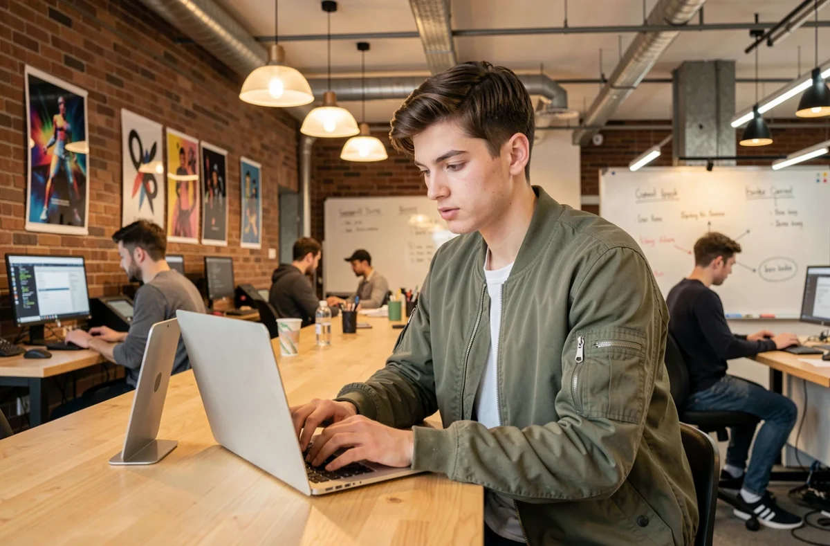 Étudiant en informatique travaillant dans l'espace collaboratif moderne d'ESGI Lyon