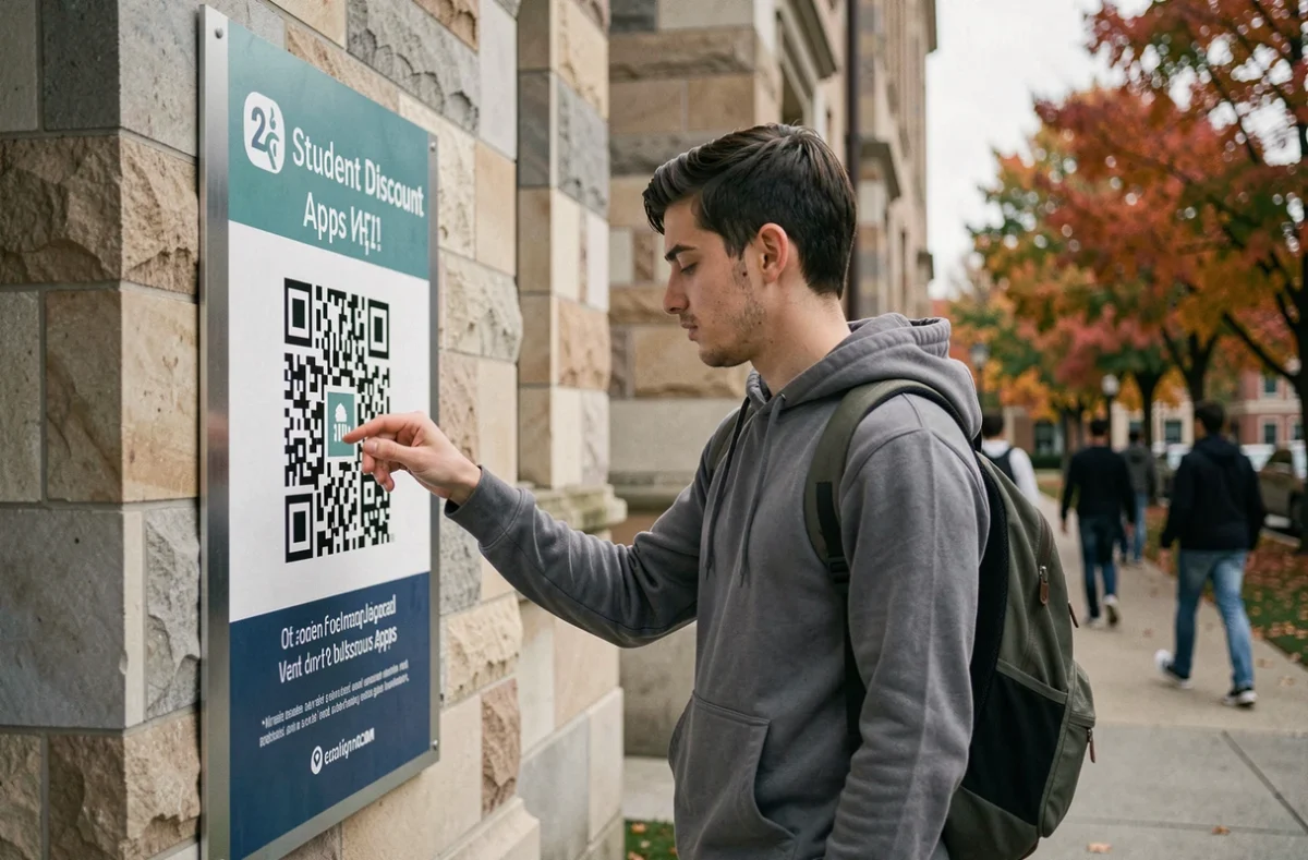 Étudiant consultant une application de réductions étudiantes devant le campus universitaire