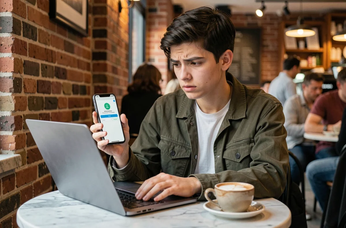 Jeune étudiant en café utilisant l'authentification à deux facteurs pour récupérer l'accès à son portail PSB Learn sur ordinateur et smartphone