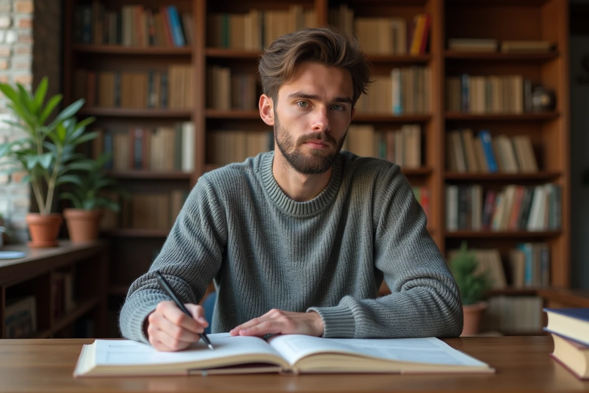 Jeune homme étudiant la conjugaison du verbe accueillir au présent dans un manuel de grammaire française à la maison