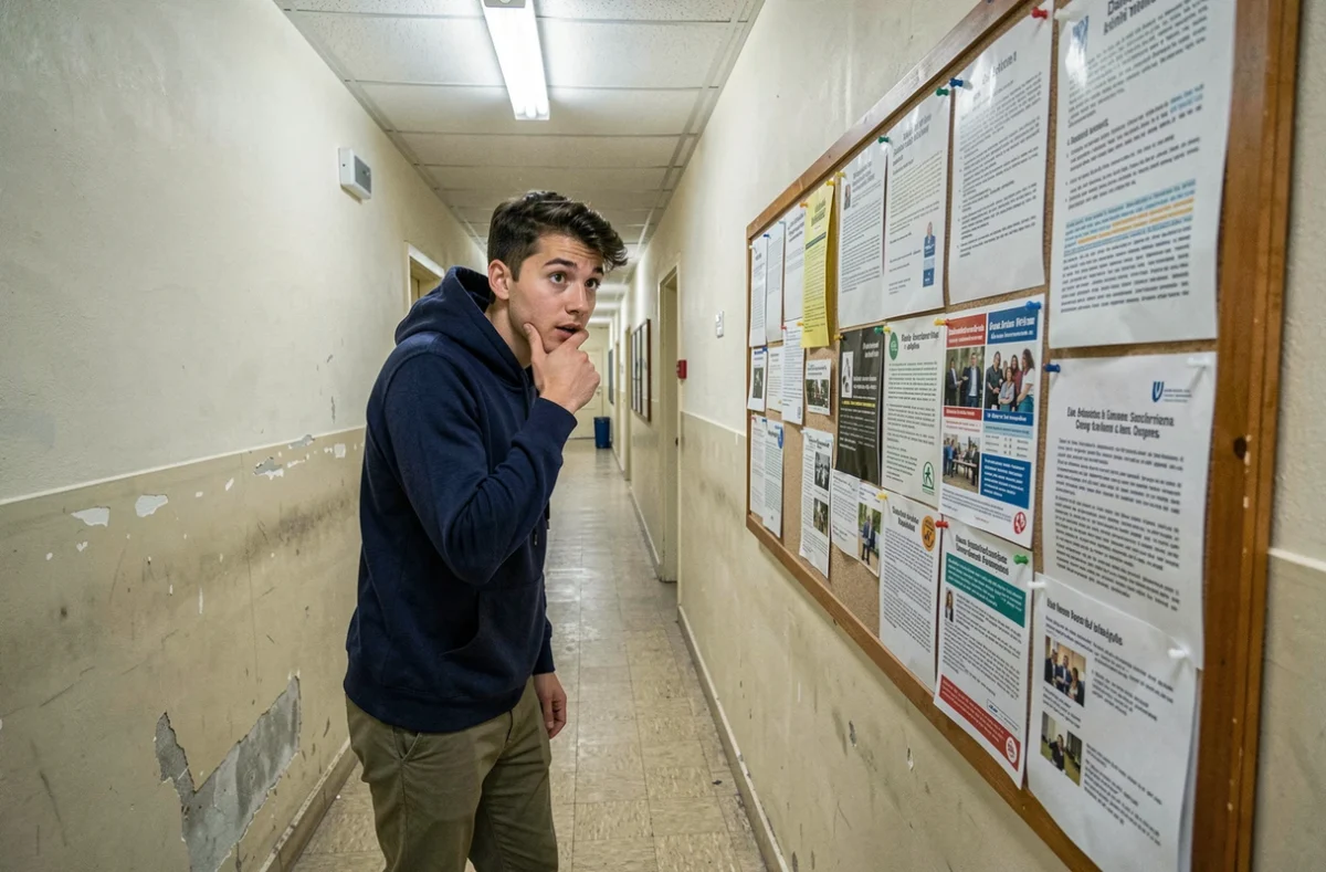 Étudiant consultant un tableau d'affichage administratif dans un couloir de Sciences Po Bordeaux avec des informations sur des services peu connus