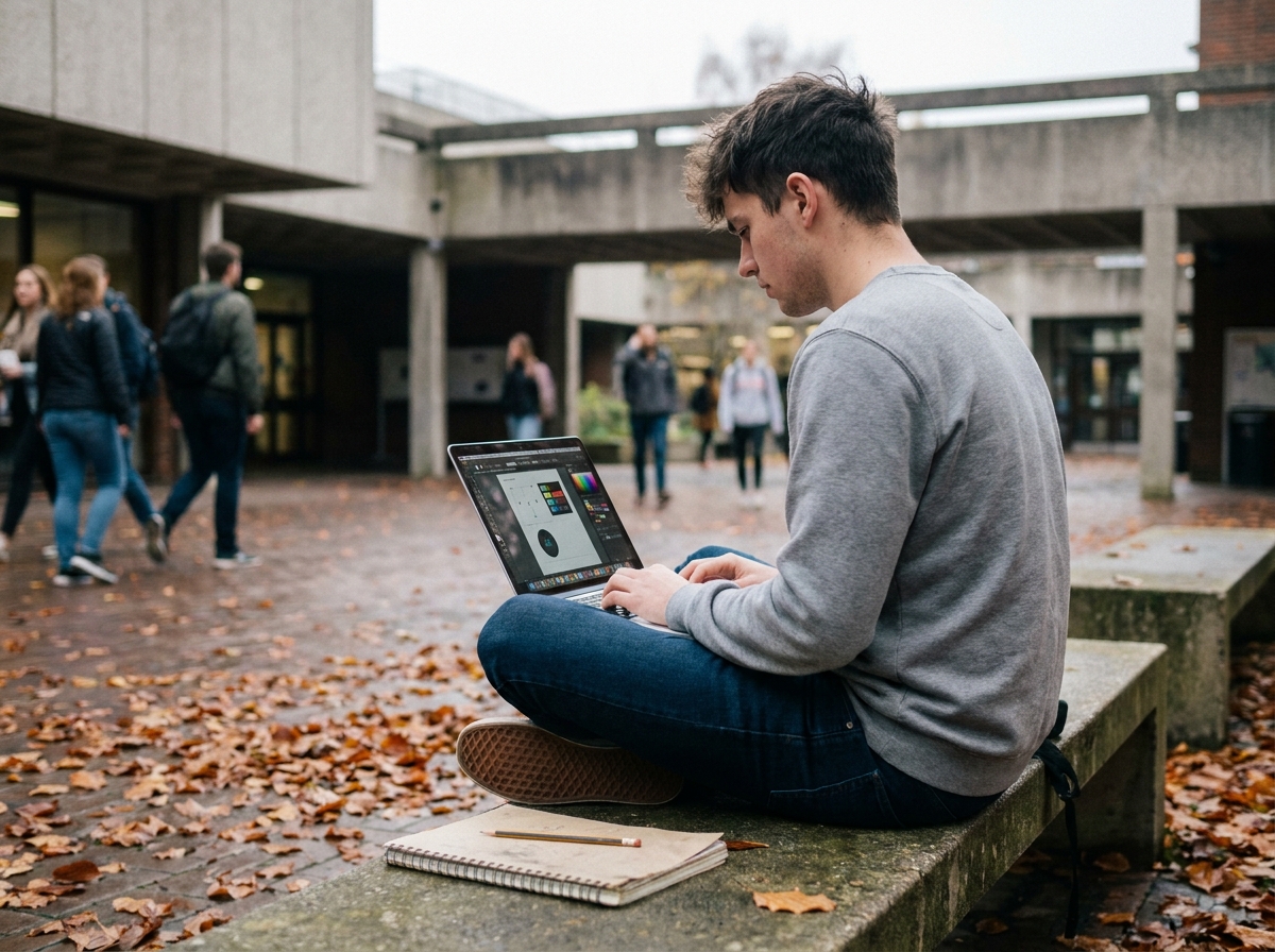 Étudiant en design graphique travaillant sur ordinateur portable dans une cour d'université moderne en automne
