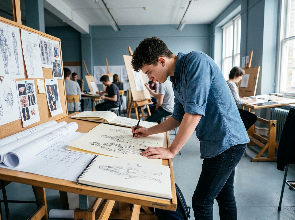 Étudiant en école d'illustration dessinant des personnages sur une table à dessin lors d'une formation artistique professionnelle