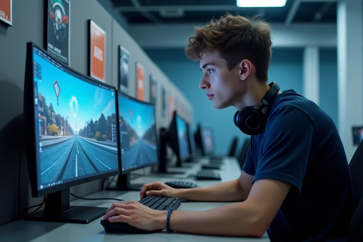 Étudiant en jeu vidéo 3D travaillant sur un environnement de jeu dans un laboratoire informatique spécialisé