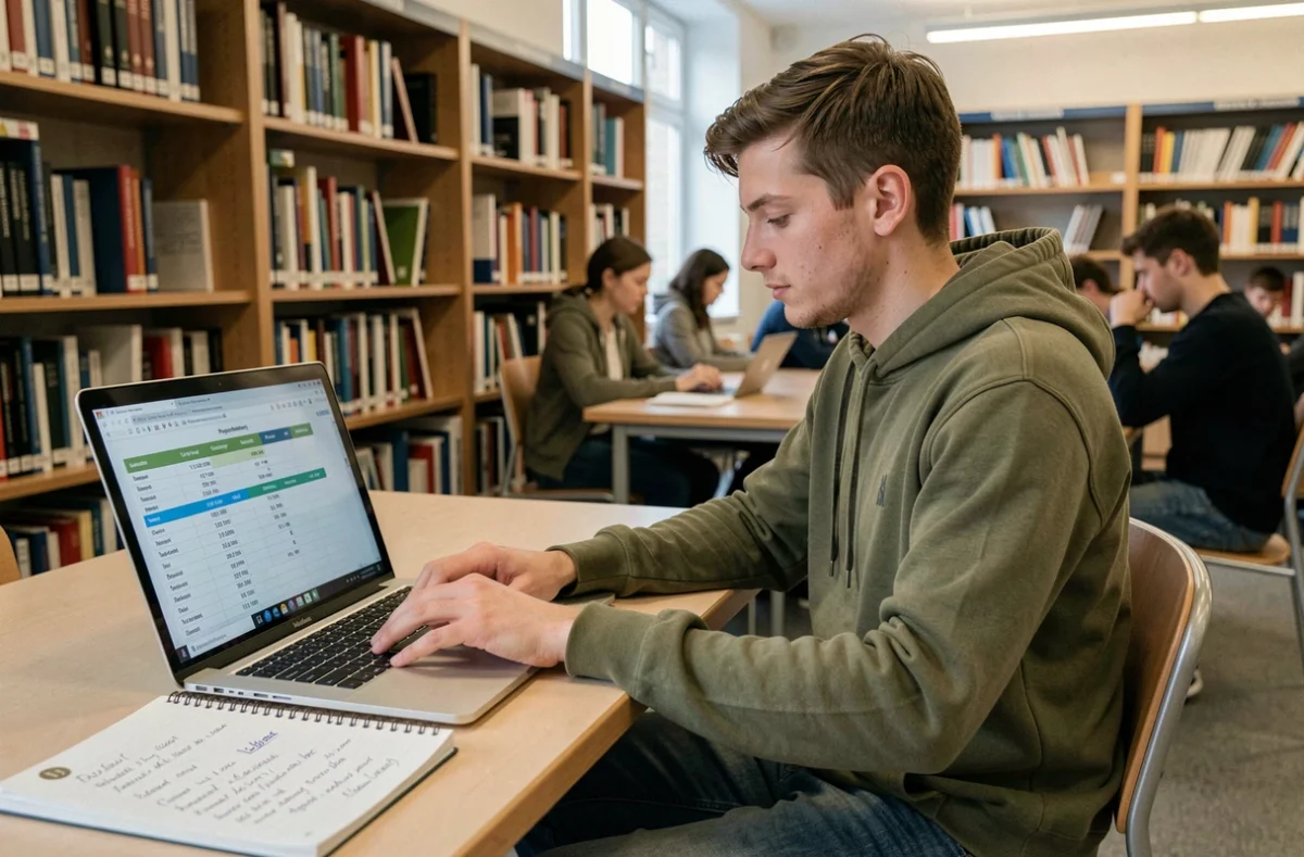 Étudiant en kinésithérapie comparant les coûts des études selon les villes belges sur un ordinateur portable en bibliothèque universitaire
