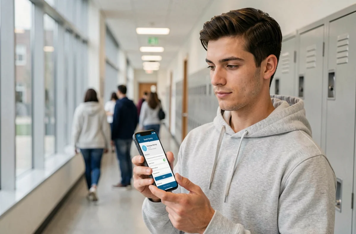 Étudiant configurant les paramètres de sécurité de son compte ENT universitaire sur smartphone