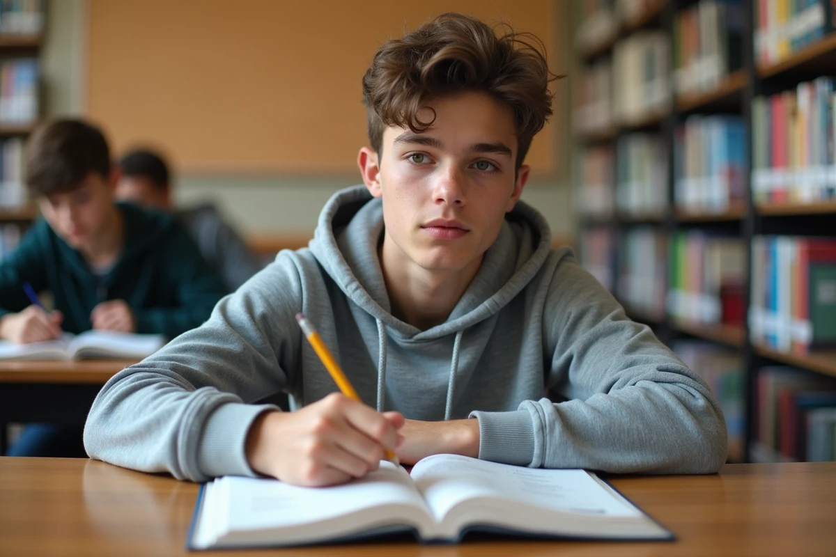 Étudiant révisant la conjugaison du passé simple espagnol du verbe tener dans un livre de grammaire en bibliothèque