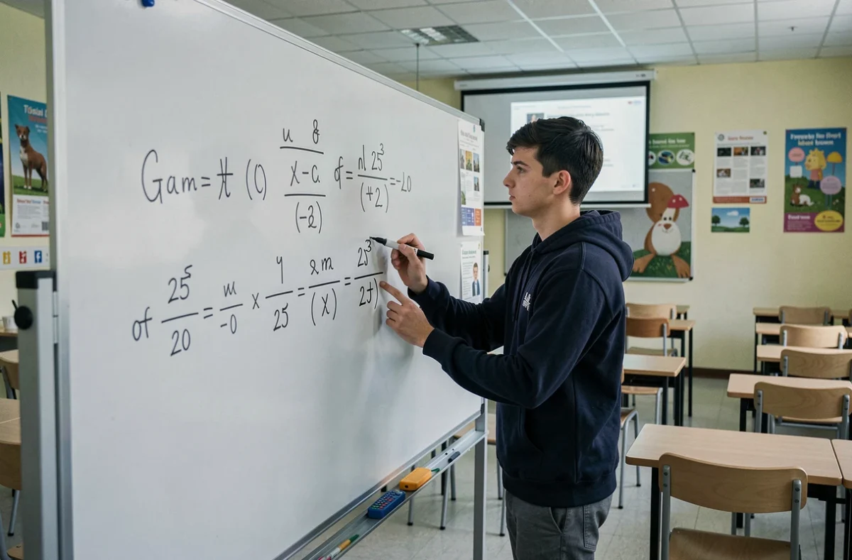 Étudiant écrivant une formule de conversion de note sur 25 en note sur 20 au tableau blanc