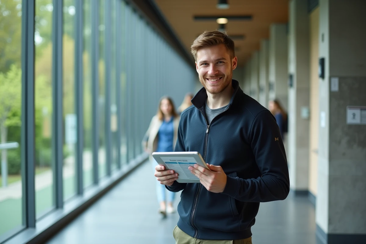 Étudiant consultant son tableau de bord UBS ENT sur une tablette dans un couloir de campus universitaire