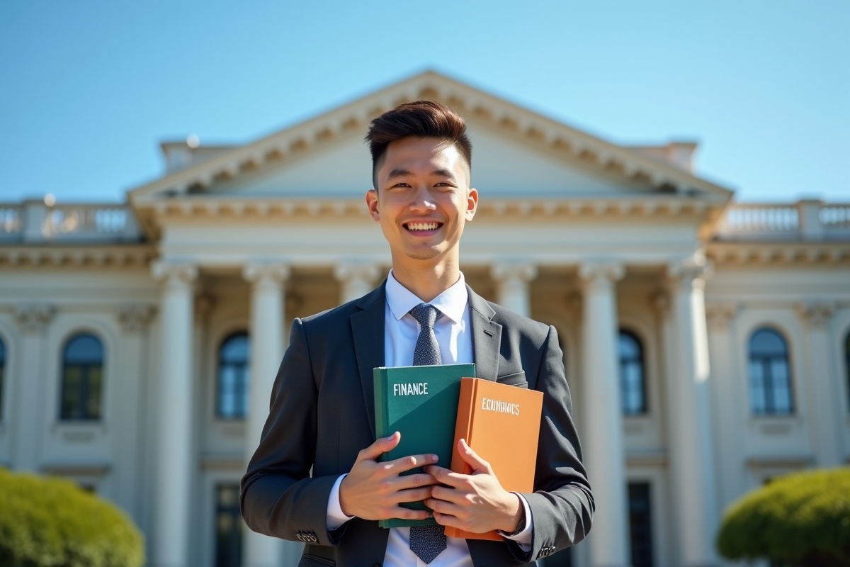 Etudiant devant universite tenant livres de finance et economie