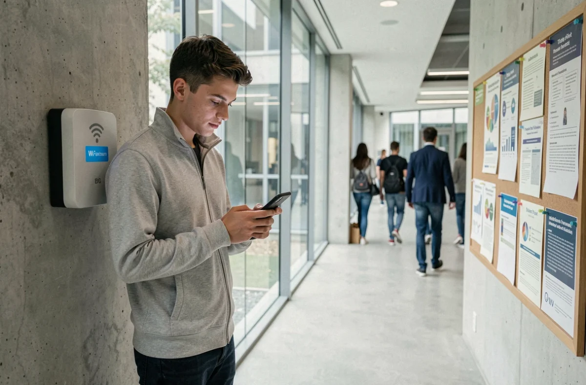 Étudiant se connectant au Wi-Fi de l'Université Clermont Auvergne depuis son smartphone dans un couloir du campus