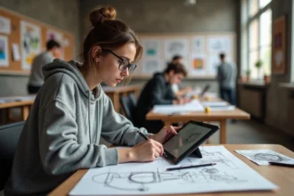 Étudiante en animation travaillant sur une tablette graphique dans un studio de l'école des Gobelins à Paris