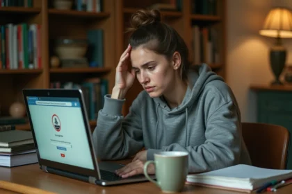 Étudiante frustrée devant un message d'erreur sur le portail ENT Auvergne, assise à son bureau à domicile