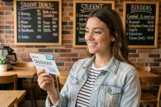 Étudiante souriante présentant sa carte étudiant dans un café proposant des réductions 2026