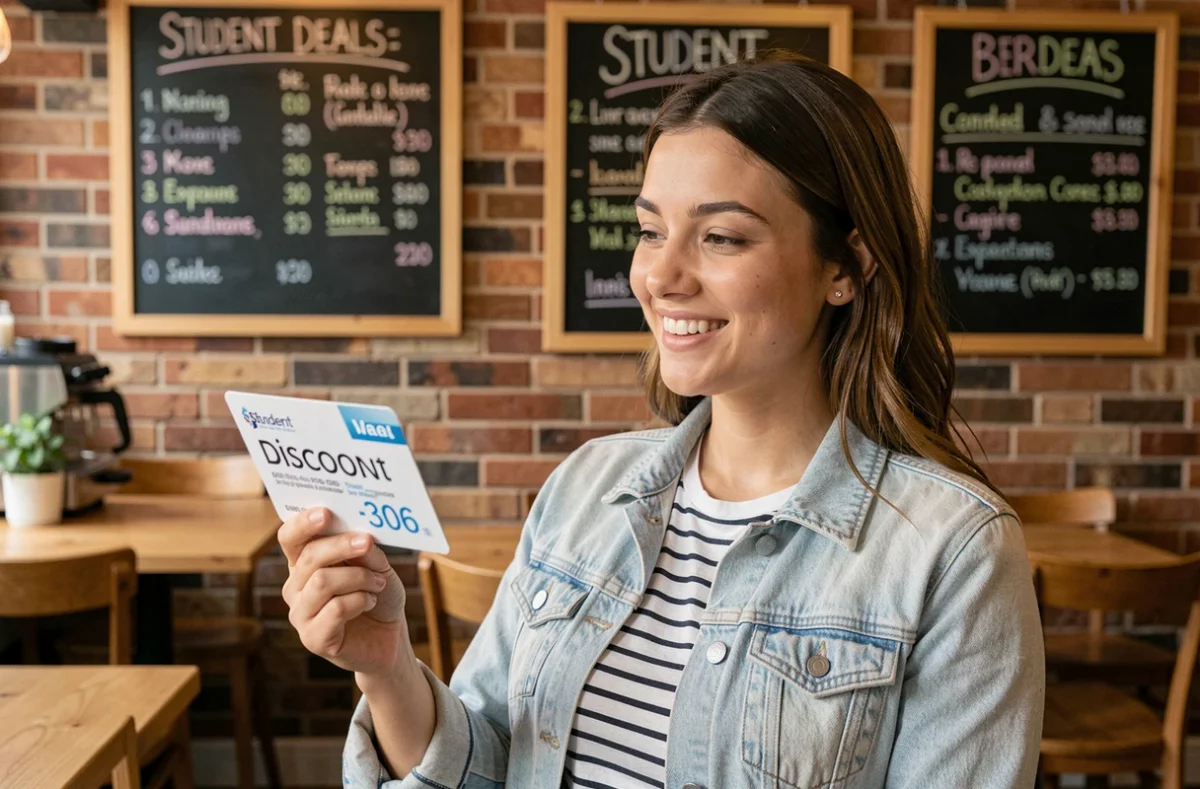 Étudiante souriante présentant sa carte étudiant dans un café proposant des réductions 2026