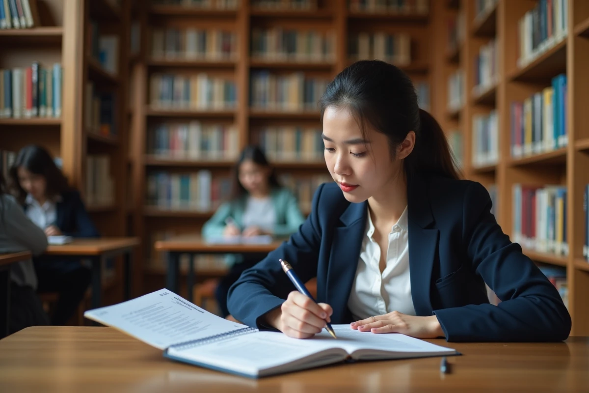 Jeune étudiante consultant un classement des écoles de commerce dans une bibliothèque universitaire, symbole de la préparation aux concours sélectifs