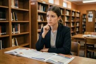 Étudiante consultant des classements universitaires mondiaux dans une bibliothèque universitaire