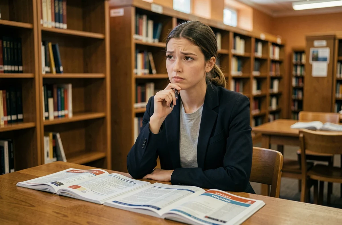 Étudiante consultant des classements universitaires mondiaux dans une bibliothèque universitaire