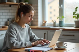 Jeune femme étudiant en ligne sur son ordinateur portable tout en gérant son emploi du temps professionnel depuis sa cuisine