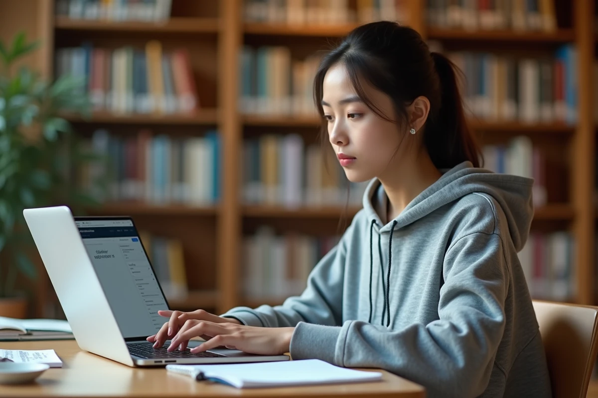 Étudiante en université consultant l'ENT Artois sur son ordinateur portable dans une bibliothèque universitaire moderne