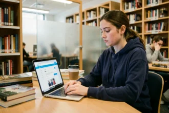 Étudiante connectée à l'ENT de l'Université Clermont Auvergne sur son ordinateur portable dans la bibliothèque universitaire