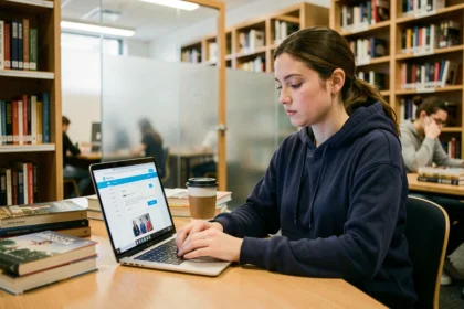 Étudiante connectée à l'ENT de l'Université Clermont Auvergne sur son ordinateur portable dans la bibliothèque universitaire