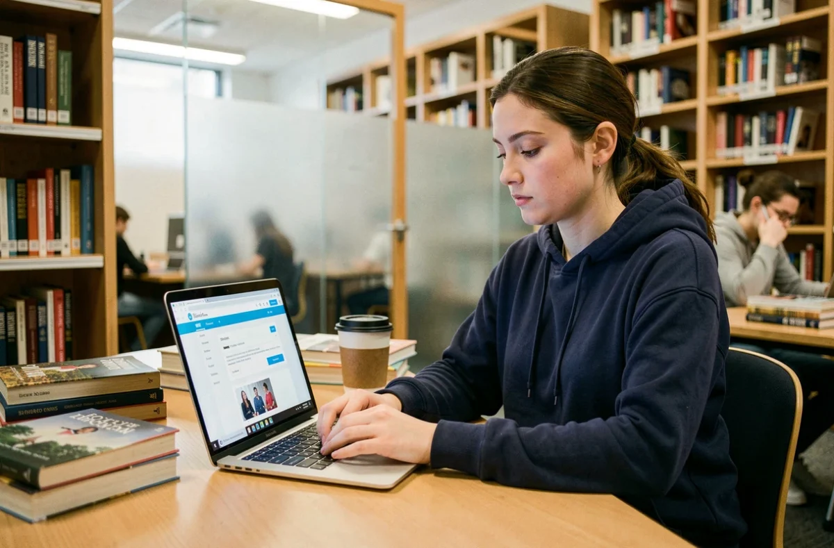 Étudiante connectée à l'ENT de l'Université Clermont Auvergne sur son ordinateur portable dans la bibliothèque universitaire