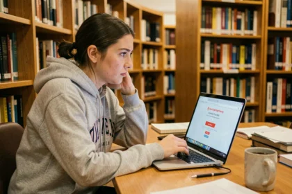 Étudiante frustrée devant un écran d'erreur de connexion sur son portail universitaire PSB Learn dans une bibliothèque